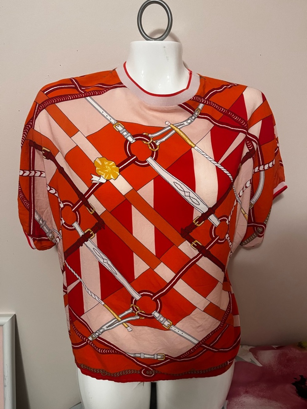 SPANNER Red & Pink Geometric Equestrian Print Short Sleeve Top